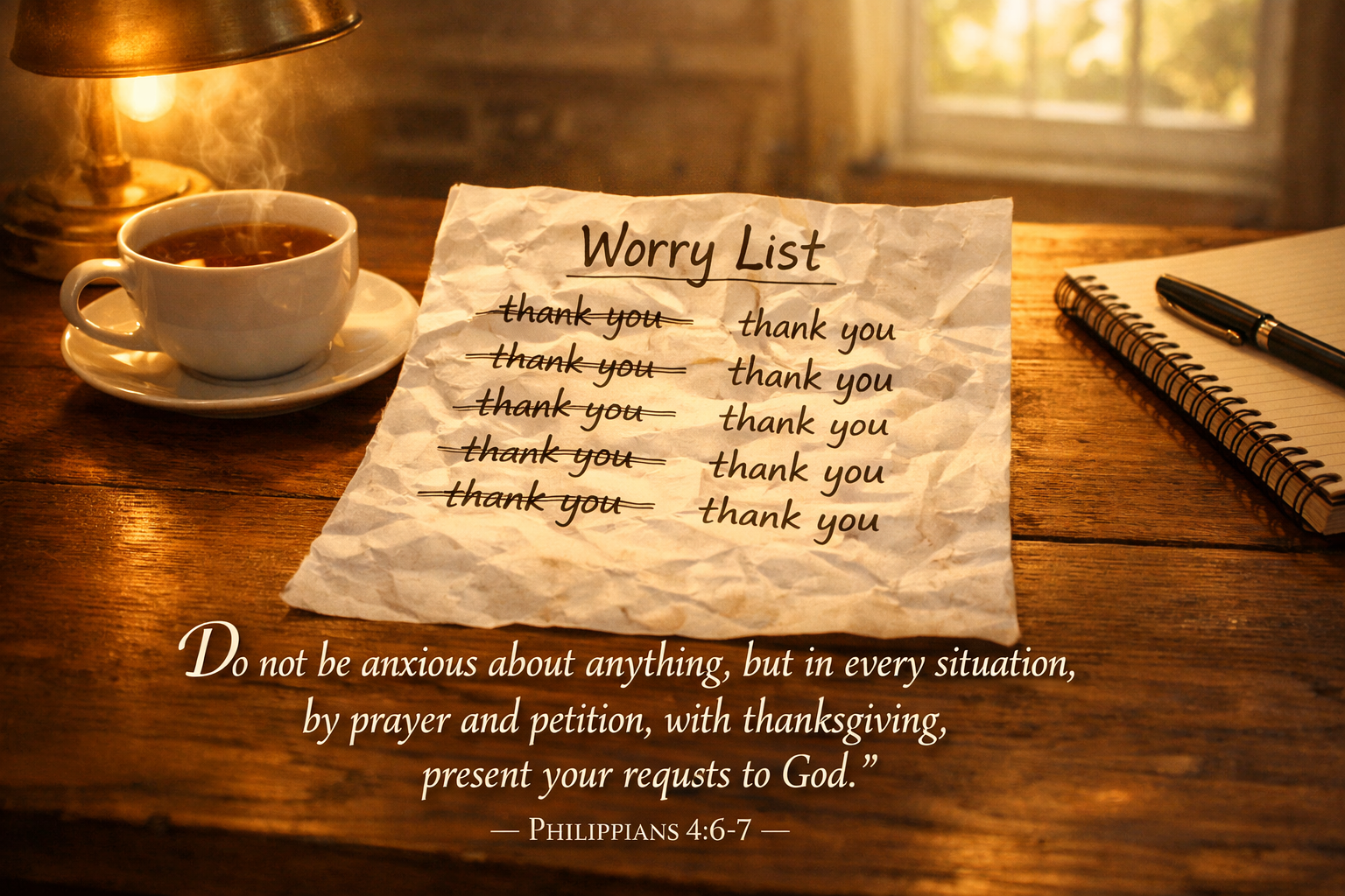 Bible verse wallpaper Philippians 4:6 with Japanese zen garden raked sand and stones in soft light